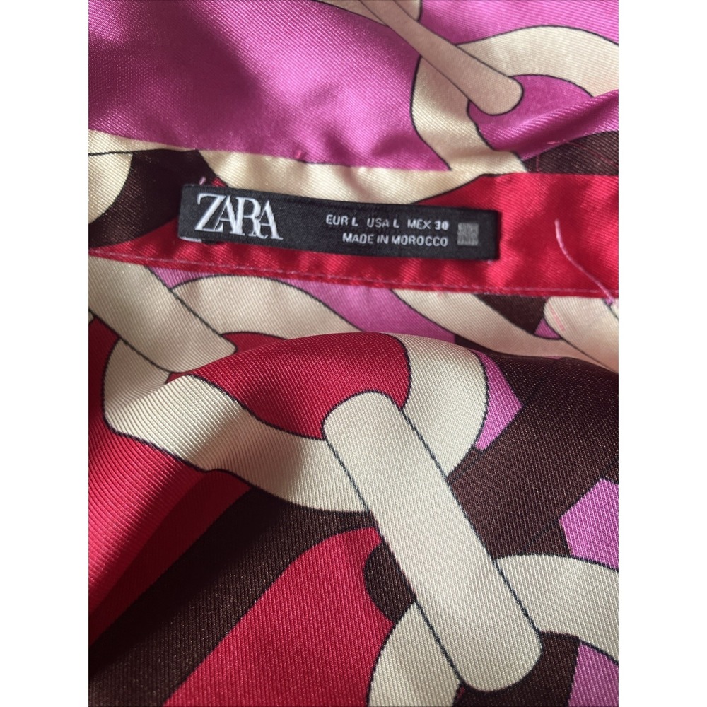 Zara Pink and Red Chain Print Ivory Enamel Button Satin Shirt Dress Size large - Picture 8 of 9